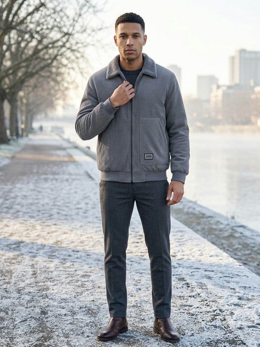 Pizzo Men's Corduroy Sherpa-Lined Zip Jacket — grey — lifestyle