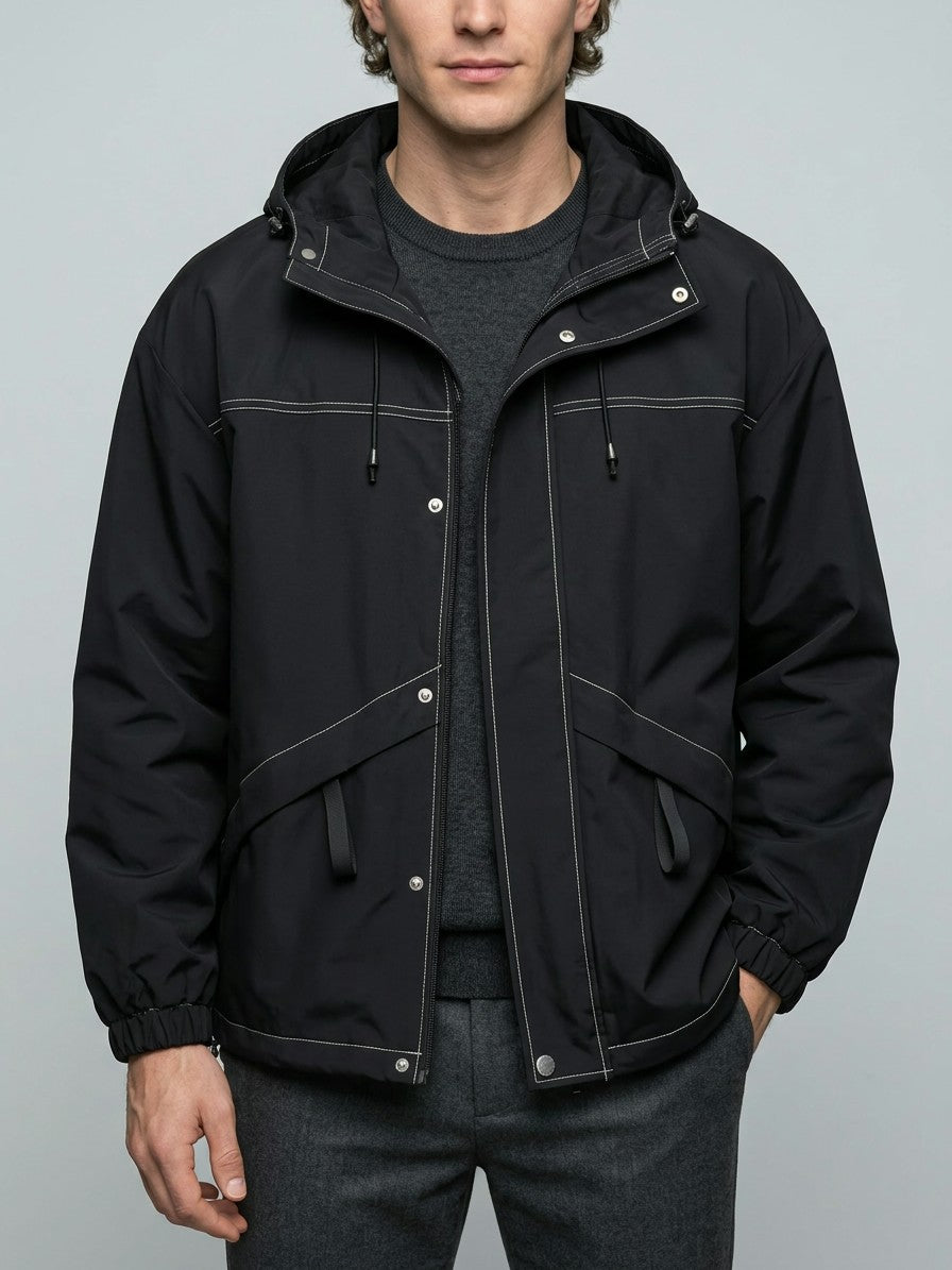 Pompei Men's Contrast-Stitch Hooded Jacket — black — front