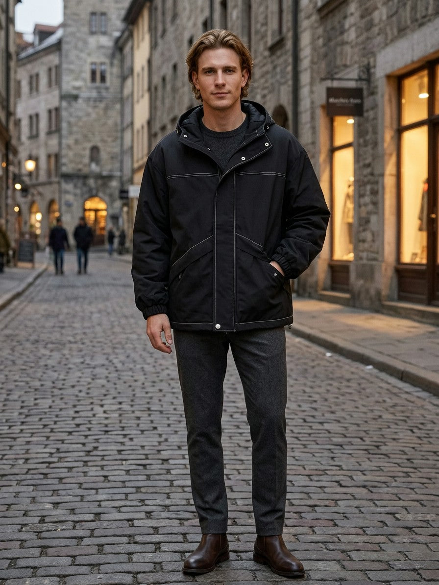 Pompei Men's Contrast-Stitch Hooded Jacket — black — lifestyle