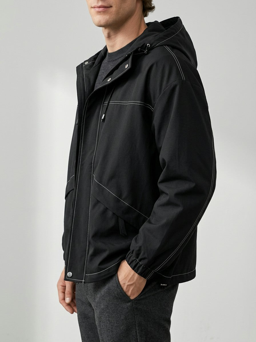 Pompei Men's Contrast-Stitch Hooded Jacket — black — side