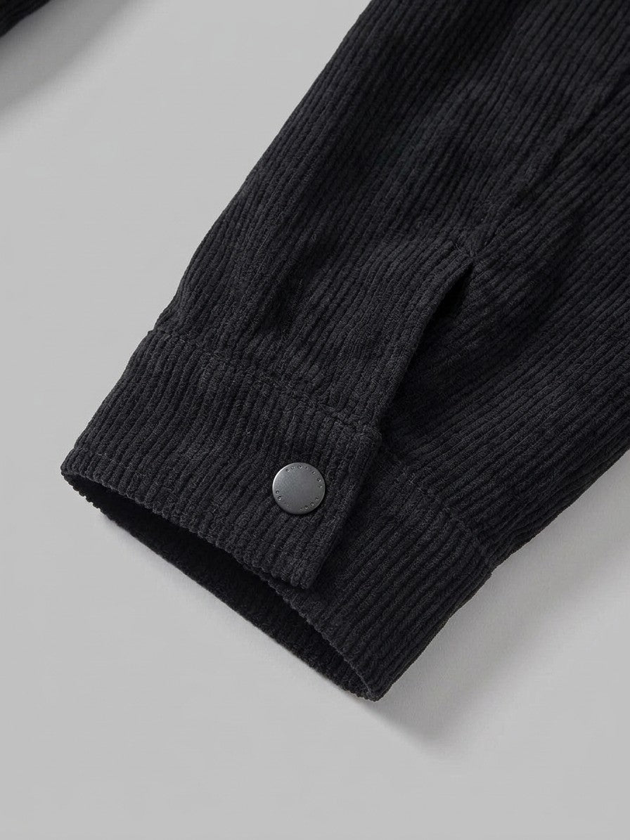 Pomposa Men's Corduroy Trucker Jacket — black — detail-collar