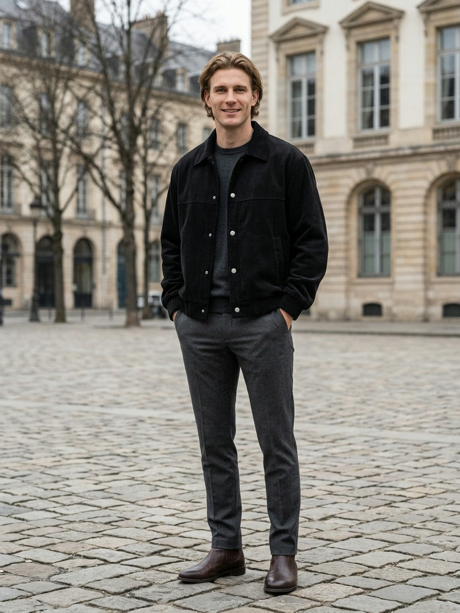 Pontremoli Men's Corduroy Snap-Front Jacket — black — lifestyle