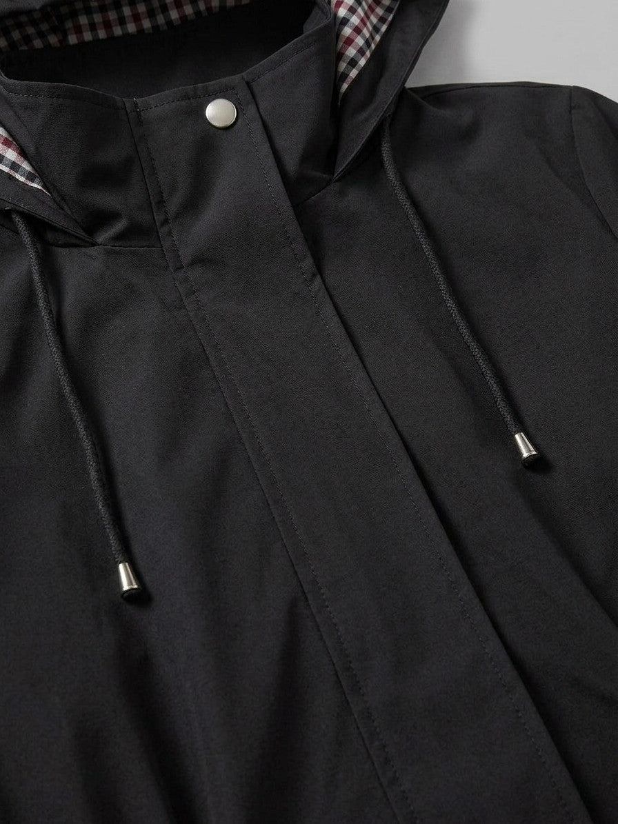 Poppi Women's Hooded Drawstring Anorak — black — detail-collar