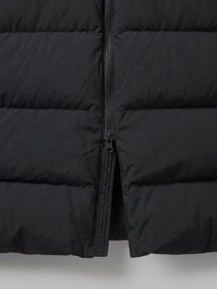 Pordenone Men's Matte Two-Way Zip Puffer Jacket — blacklong — detail-collar