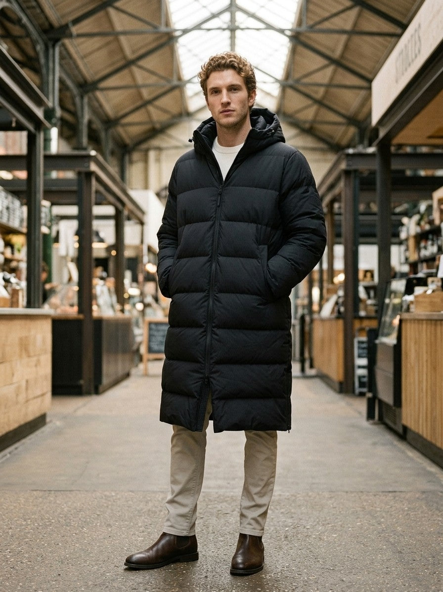 Pordenone Men's Matte Two-Way Zip Puffer Jacket — blacklong — lifestyle