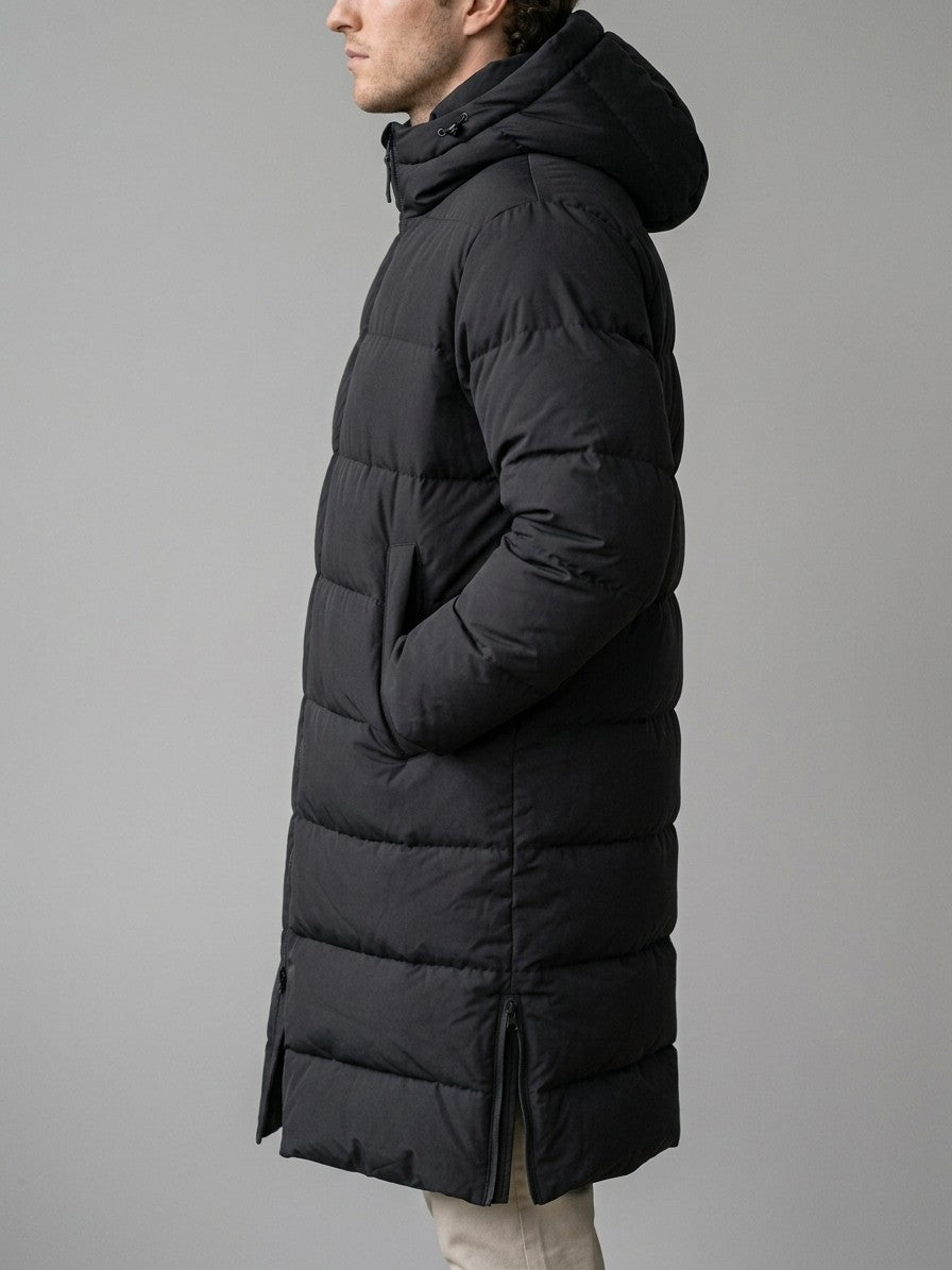 Pordenone Men's Matte Two-Way Zip Puffer Jacket — blacklong — side