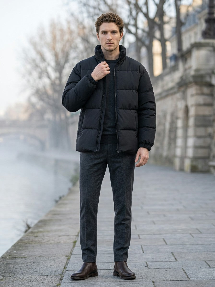 Porlezza Men's Stand-Collar Puffer Jacket — black — lifestyle