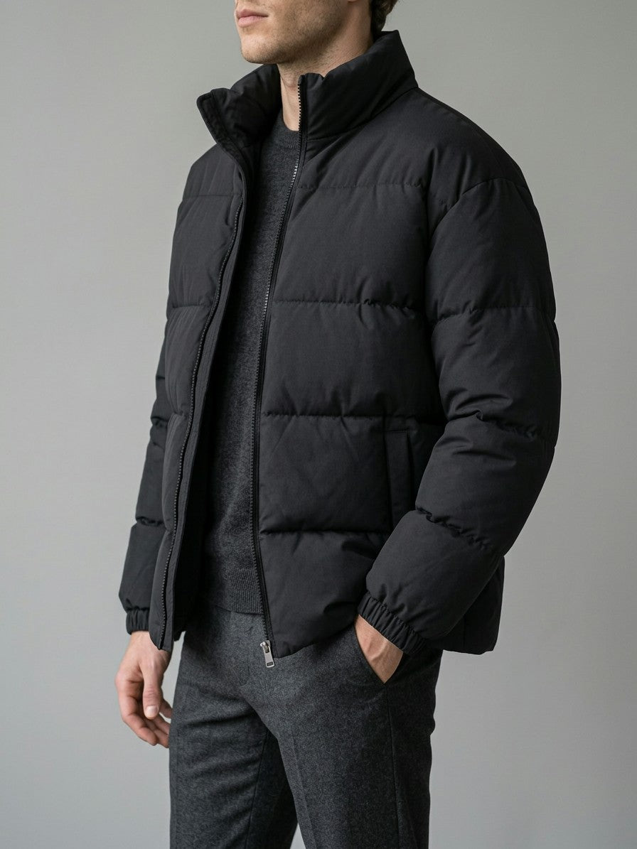 Porlezza Men's Stand-Collar Puffer Jacket — black — side