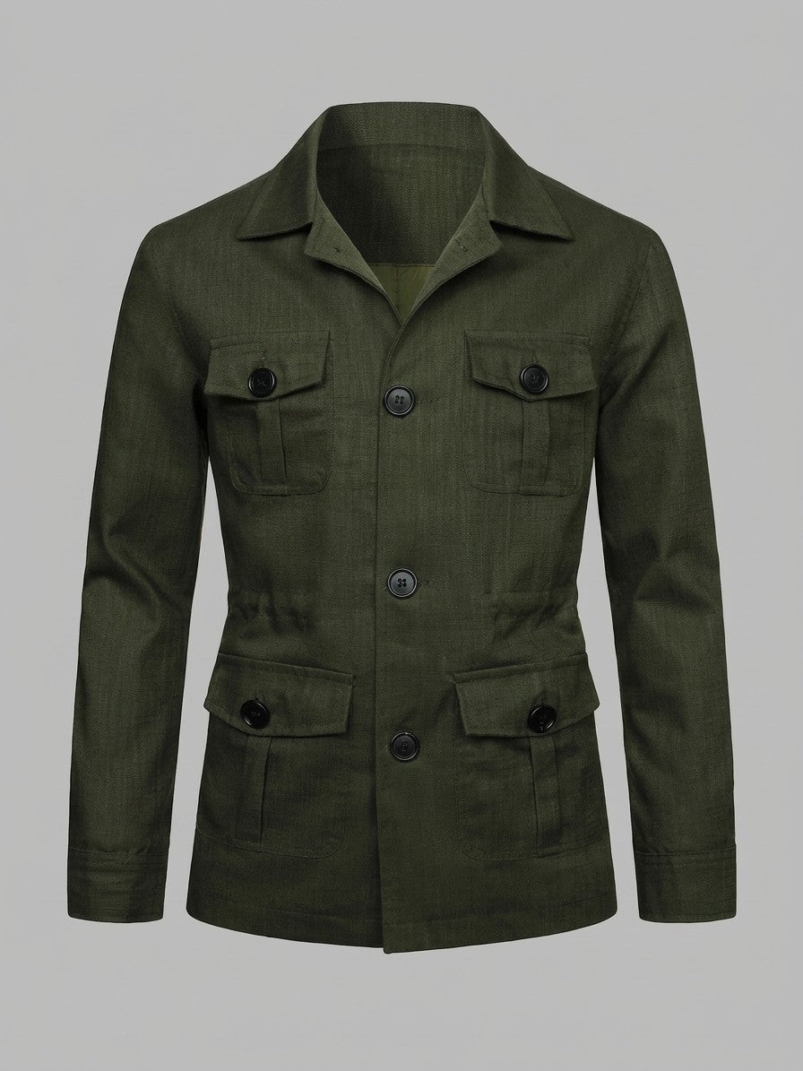 Portogruaro Men's Four-Pocket Linen-Look Safari Jacket — armygreen — packshot