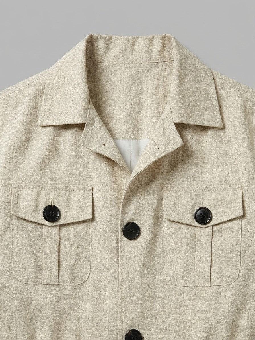 Portogruaro Men's Four-Pocket Linen-Look Safari Jacket — beige — detail-collar