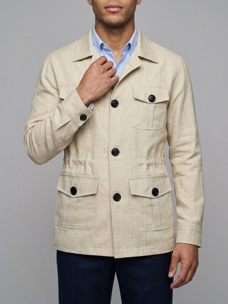 Portogruaro Men's Four-Pocket Linen-Look Safari Jacket — beige — front