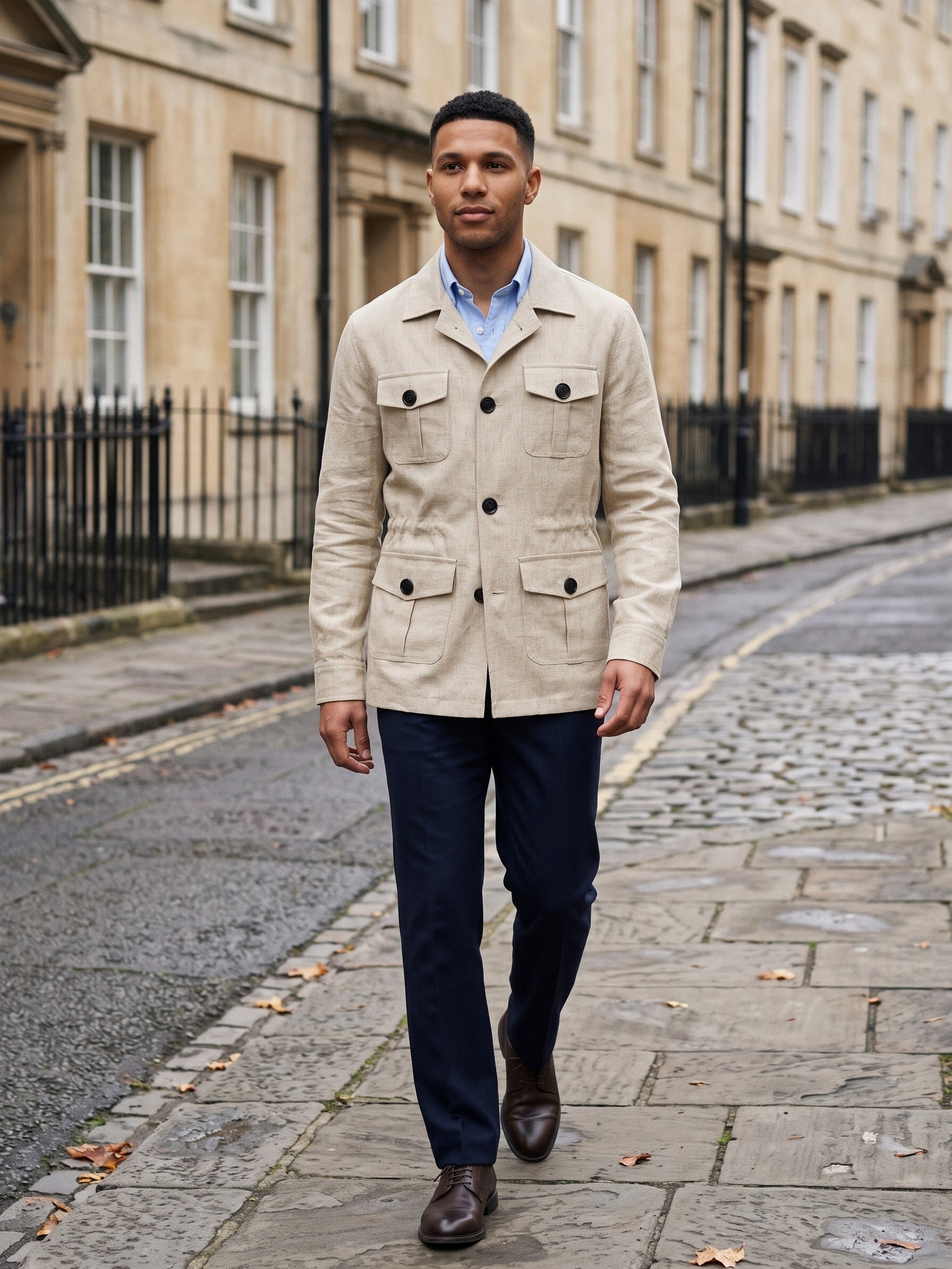 Portogruaro Men's Four-Pocket Linen-Look Safari Jacket — beige — lifestyle