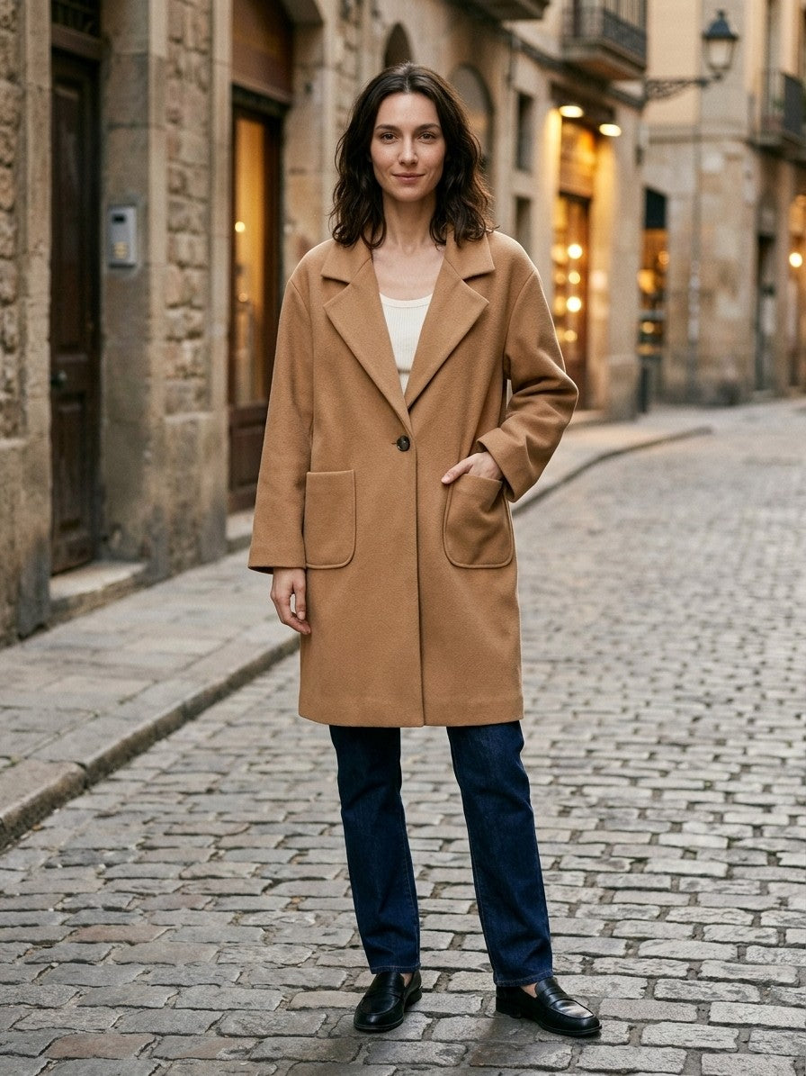 Portovenere Women's Relaxed Notched Lapel Overcoat — khaki — lifestyle