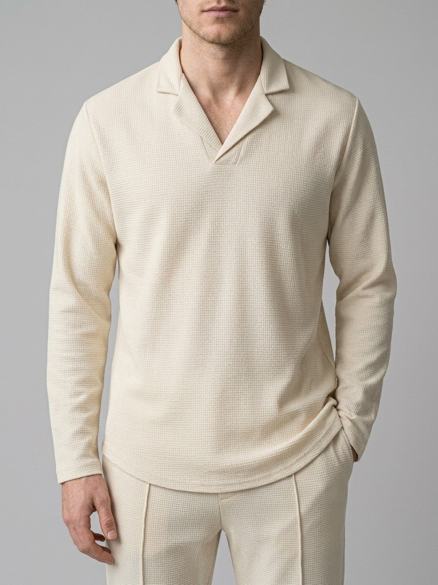 Positano Men's Waffle-Knit Top and Trousers Set — beige — closefront