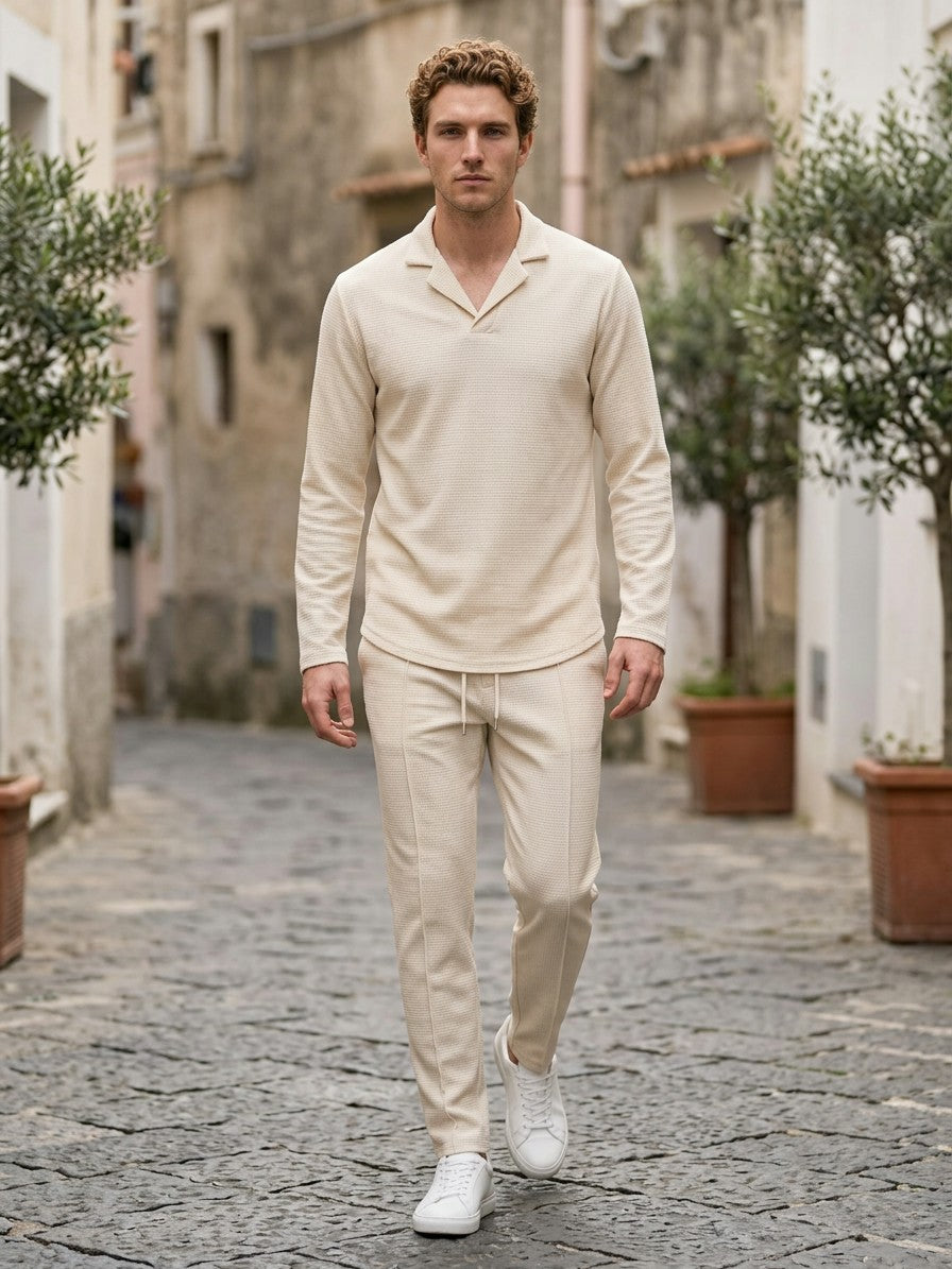 Positano Men's Waffle-Knit Top and Trousers Set — beige — lifestyle