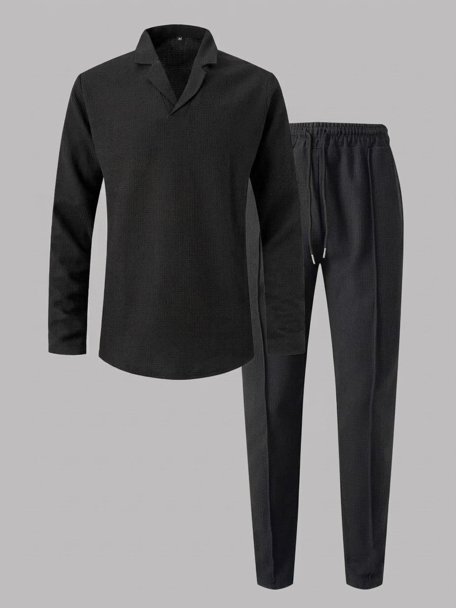 Positano Men's Waffle-Knit Top and Trousers Set — black — packshot