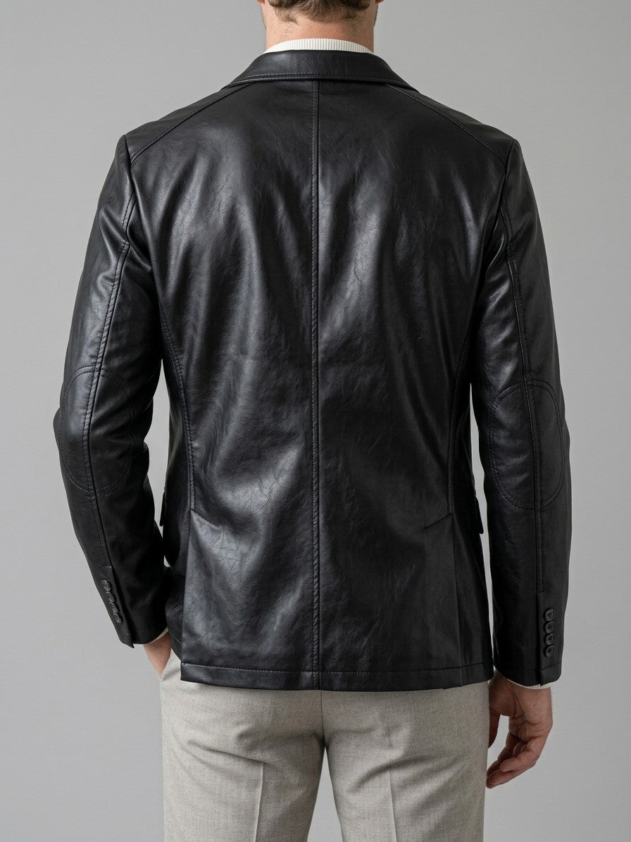 Possagno Men's Zip-Pocket Faux Leather Blazer — black — back