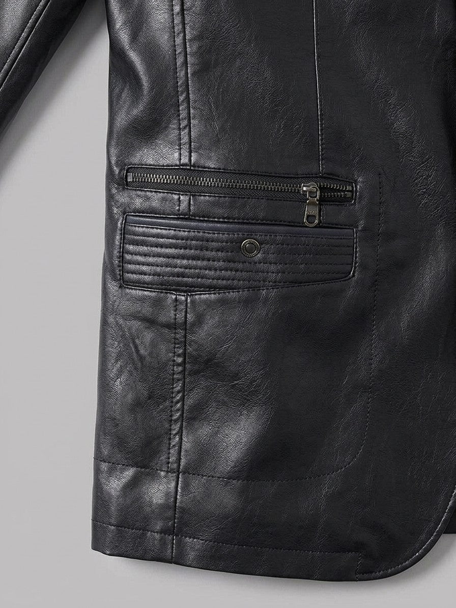 Possagno Men's Zip-Pocket Faux Leather Blazer — black — detail-2