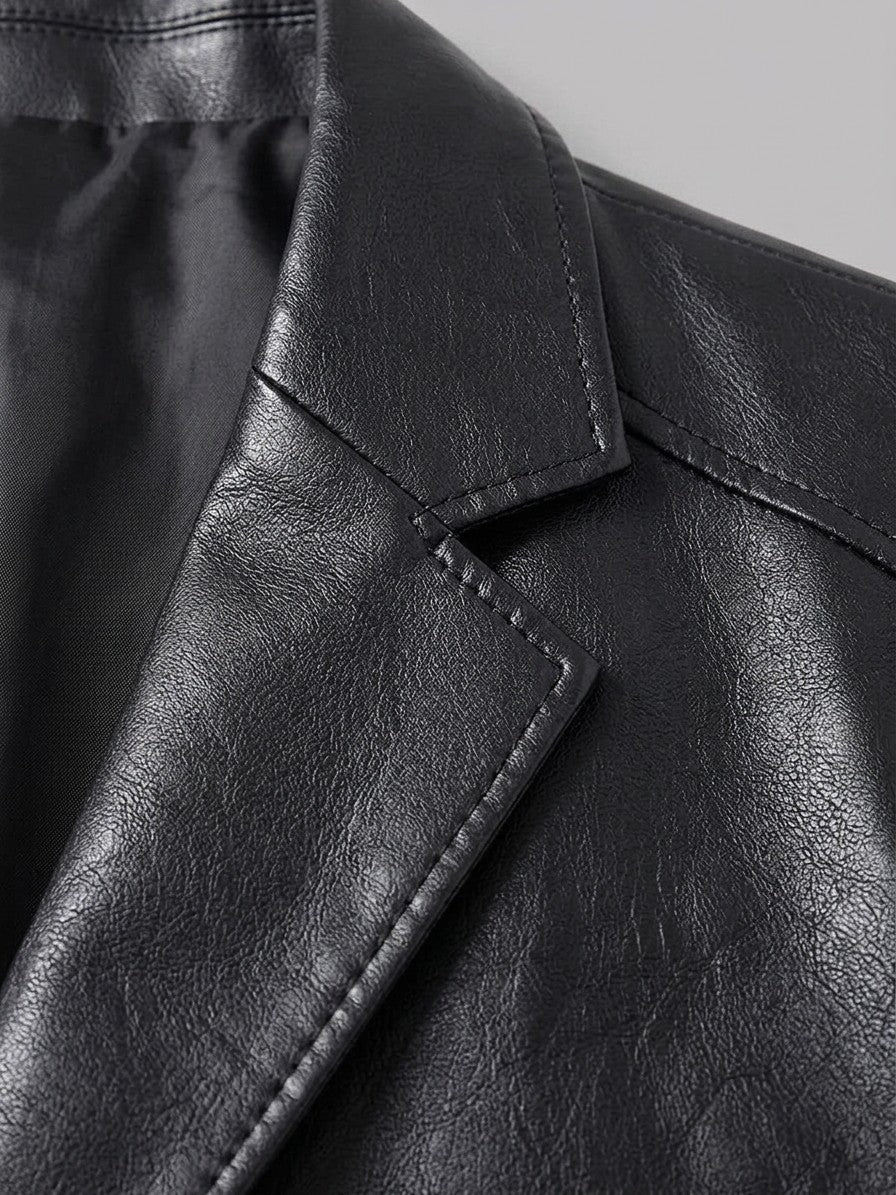 Possagno Men's Zip-Pocket Faux Leather Blazer — black — detail-collar