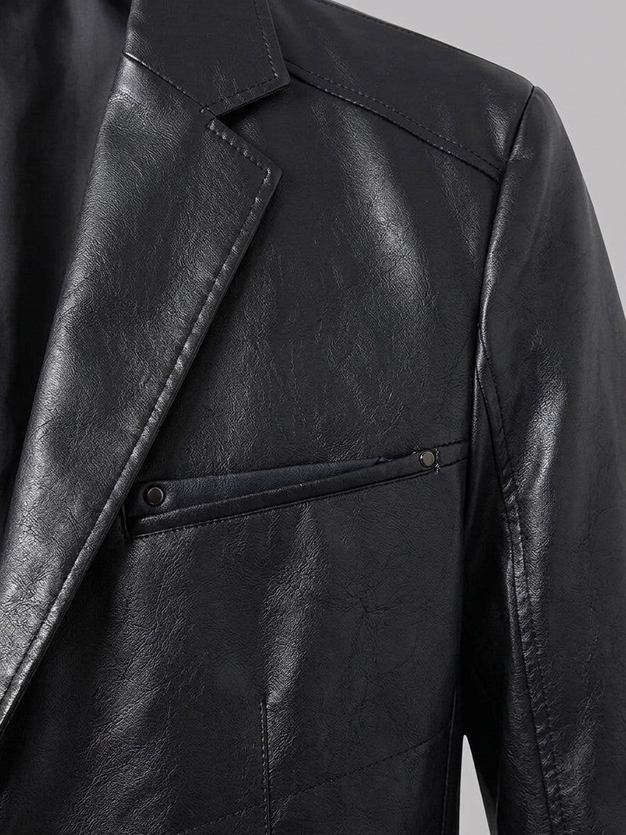 Possagno Men's Zip-Pocket Faux Leather Blazer — black — detail