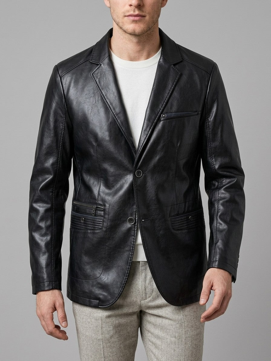Possagno Men's Zip-Pocket Faux Leather Blazer — black — front