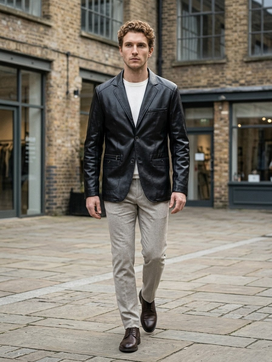Possagno Men's Zip-Pocket Faux Leather Blazer — black — lifestyle