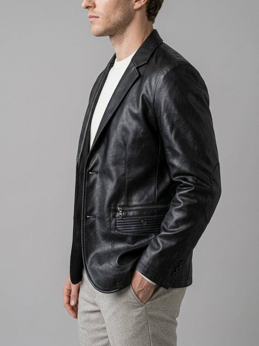 Possagno Men's Zip-Pocket Faux Leather Blazer — black — side