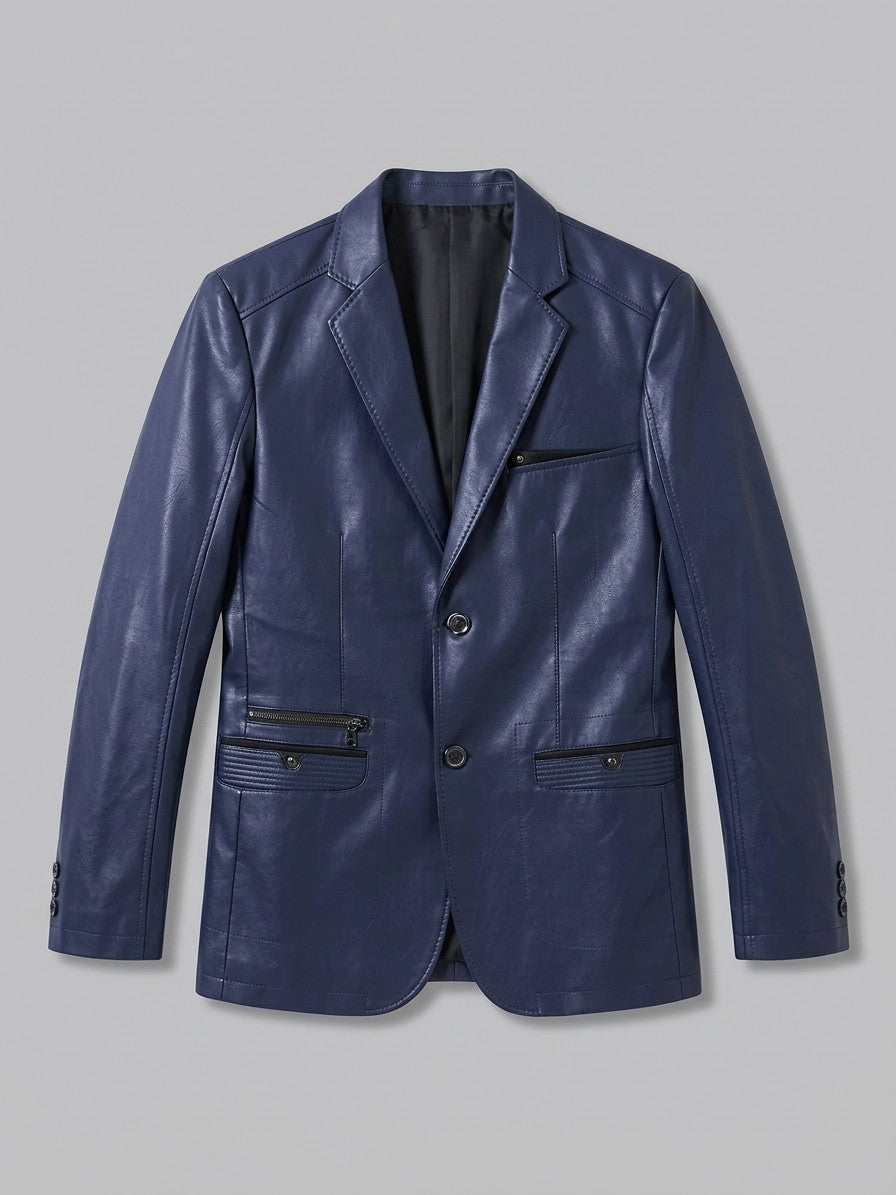 Possagno Men's Zip-Pocket Faux Leather Blazer — navy — packshot