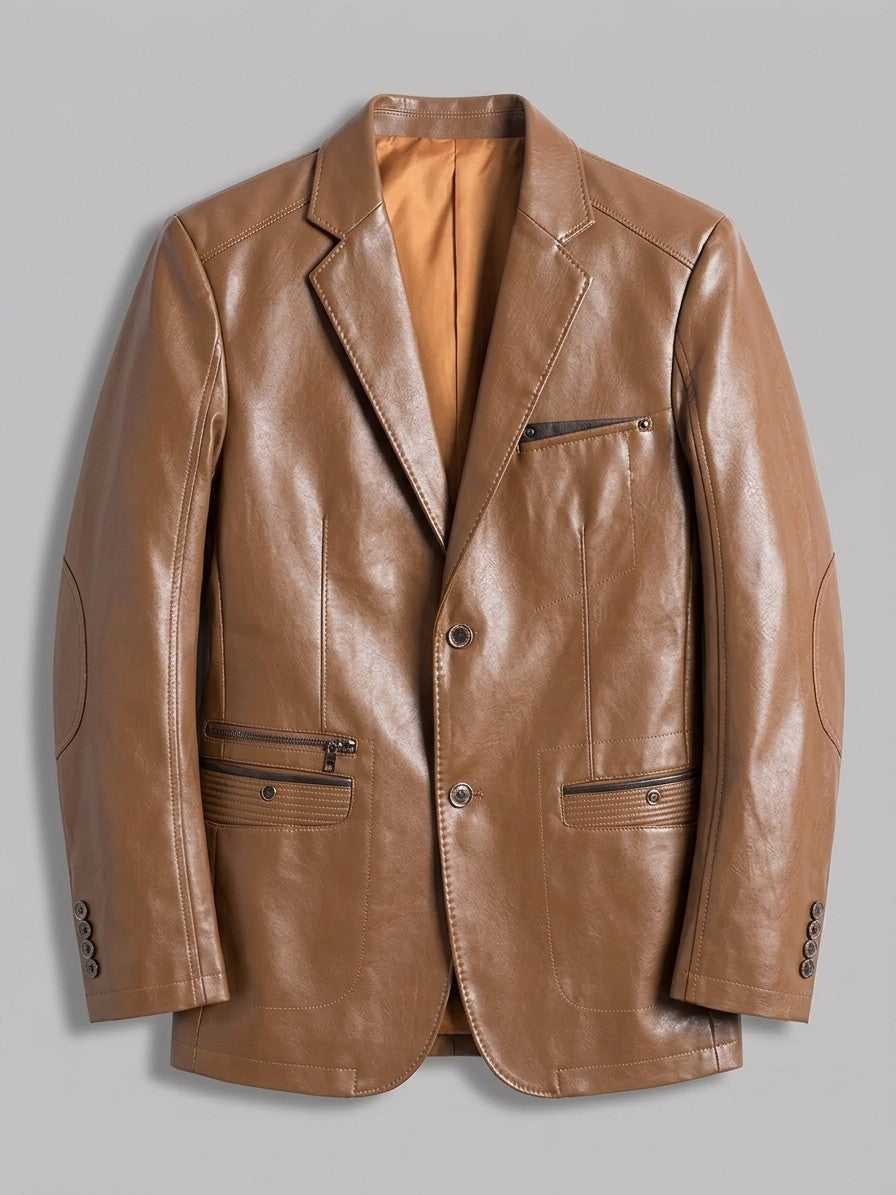 Possagno Men's Zip-Pocket Faux Leather Blazer — tan — packshot
