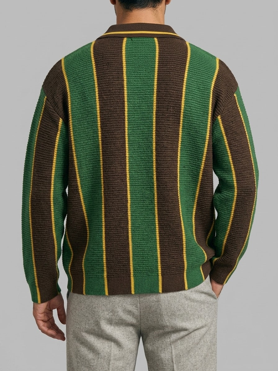 Potenza Men's Vertical Stripe Polo Sweater — greenbrown — back