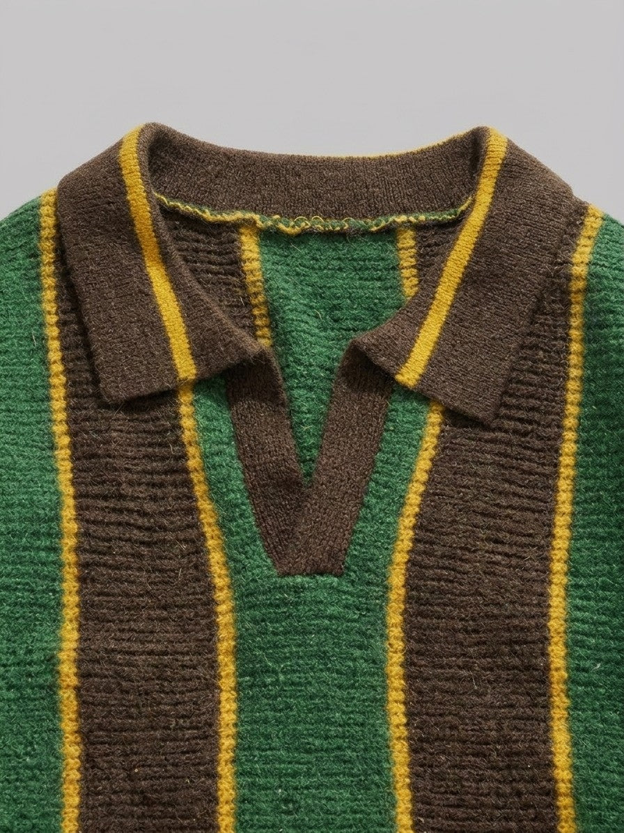 Potenza Men's Vertical Stripe Polo Sweater — greenbrown — detail