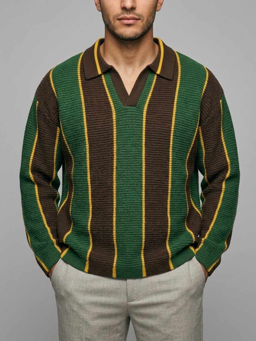 Potenza Men's Vertical Stripe Polo Sweater — greenbrown — front