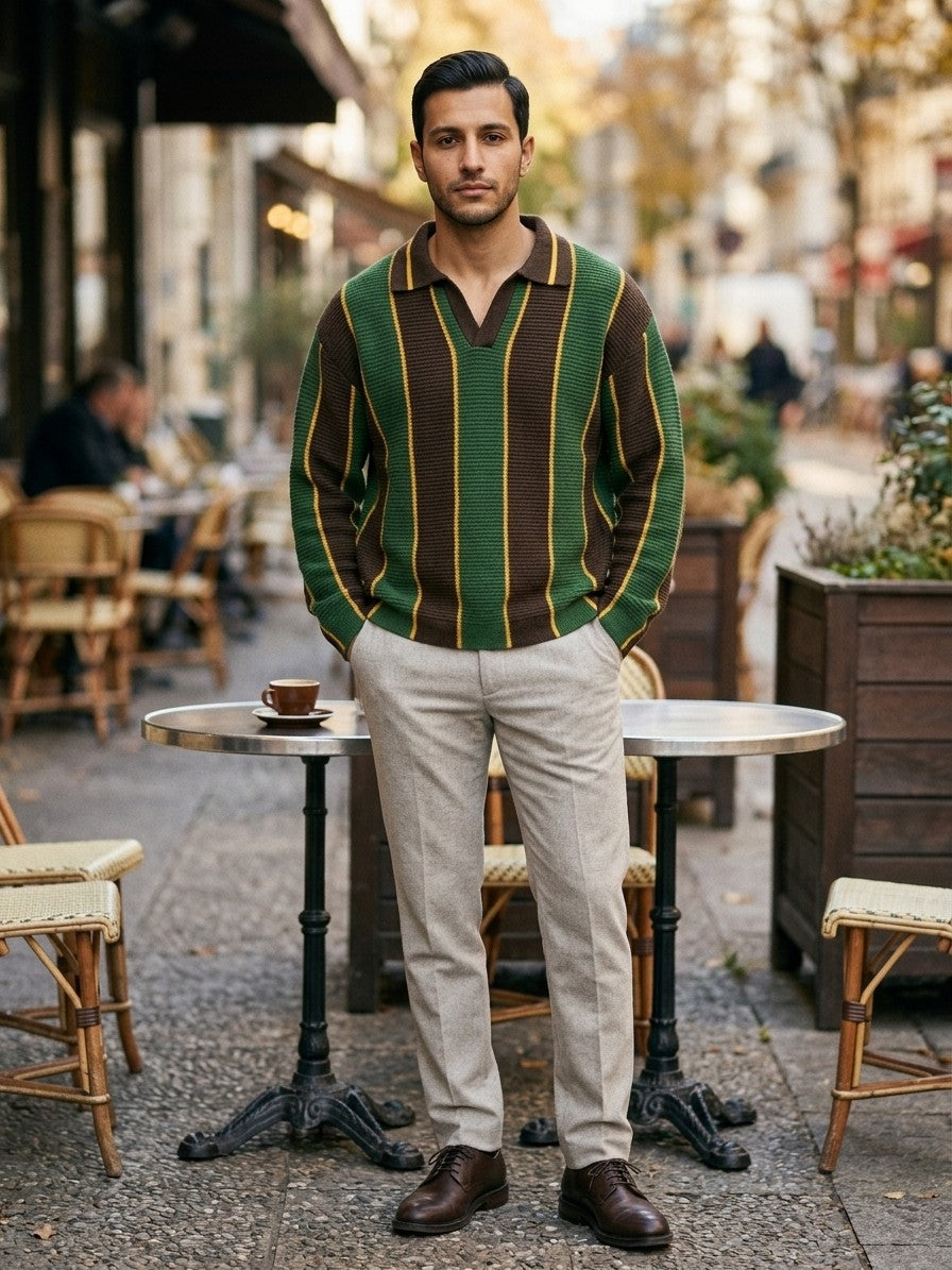 Potenza Men's Vertical Stripe Polo Sweater — greenbrown — lifestyle