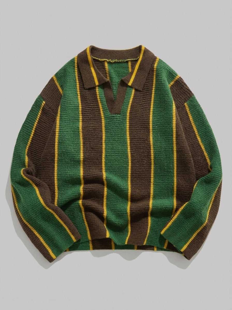 Potenza Men's Vertical Stripe Polo Sweater — greenbrown — packshot
