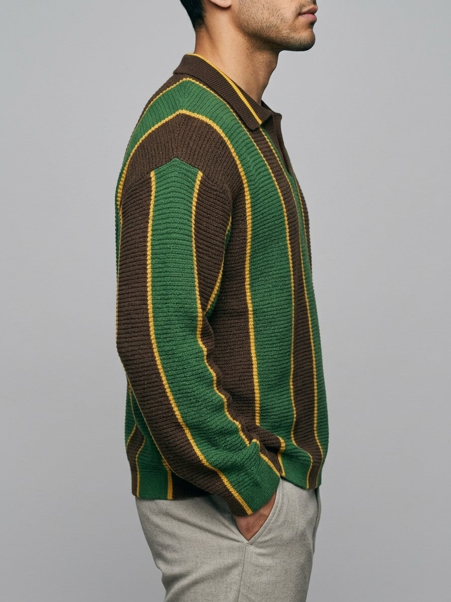 Potenza Men's Vertical Stripe Polo Sweater — greenbrown — side