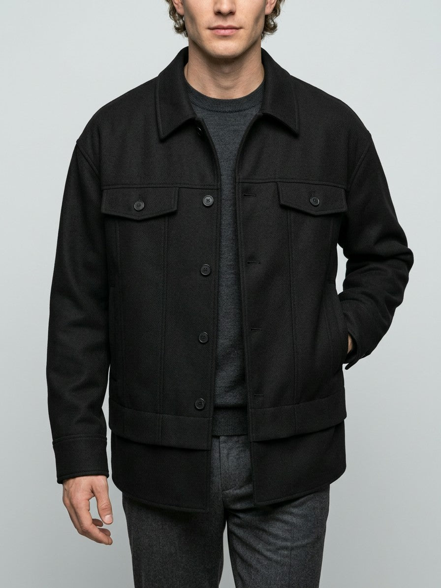Pozzuoli Men's Oversized Twill Trucker Jacket — black — front