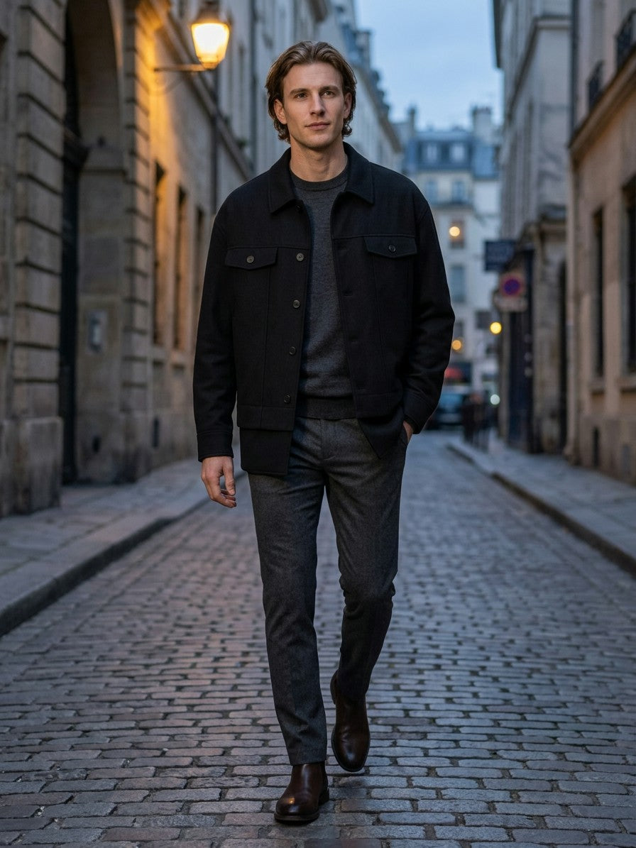Pozzuoli Men's Oversized Twill Trucker Jacket — black — lifestyle