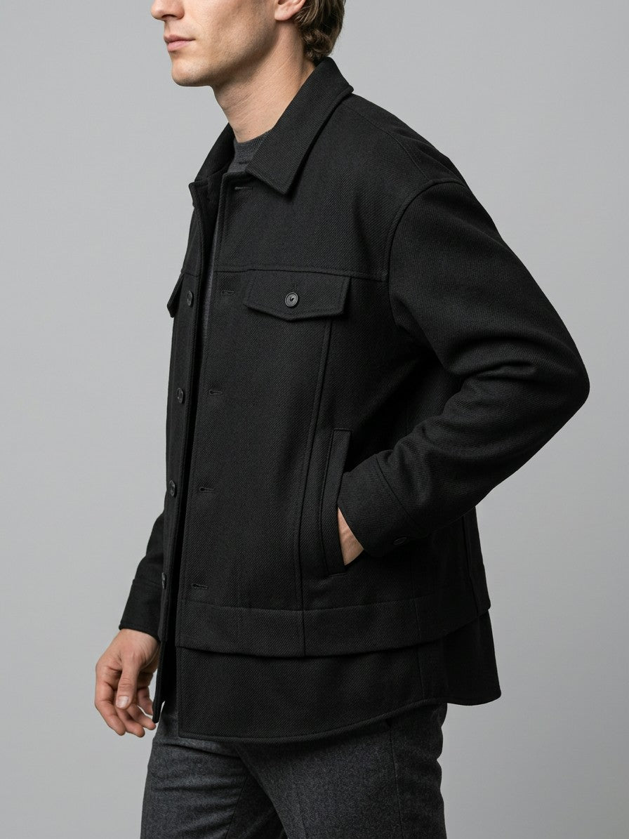 Pozzuoli Men's Oversized Twill Trucker Jacket — black — side