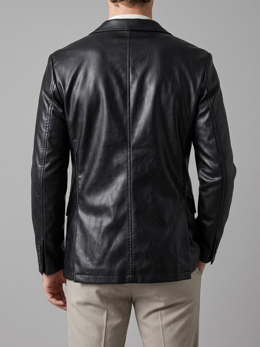 Pozzuolo Men's Two-Button Faux Leather Blazer — black — back