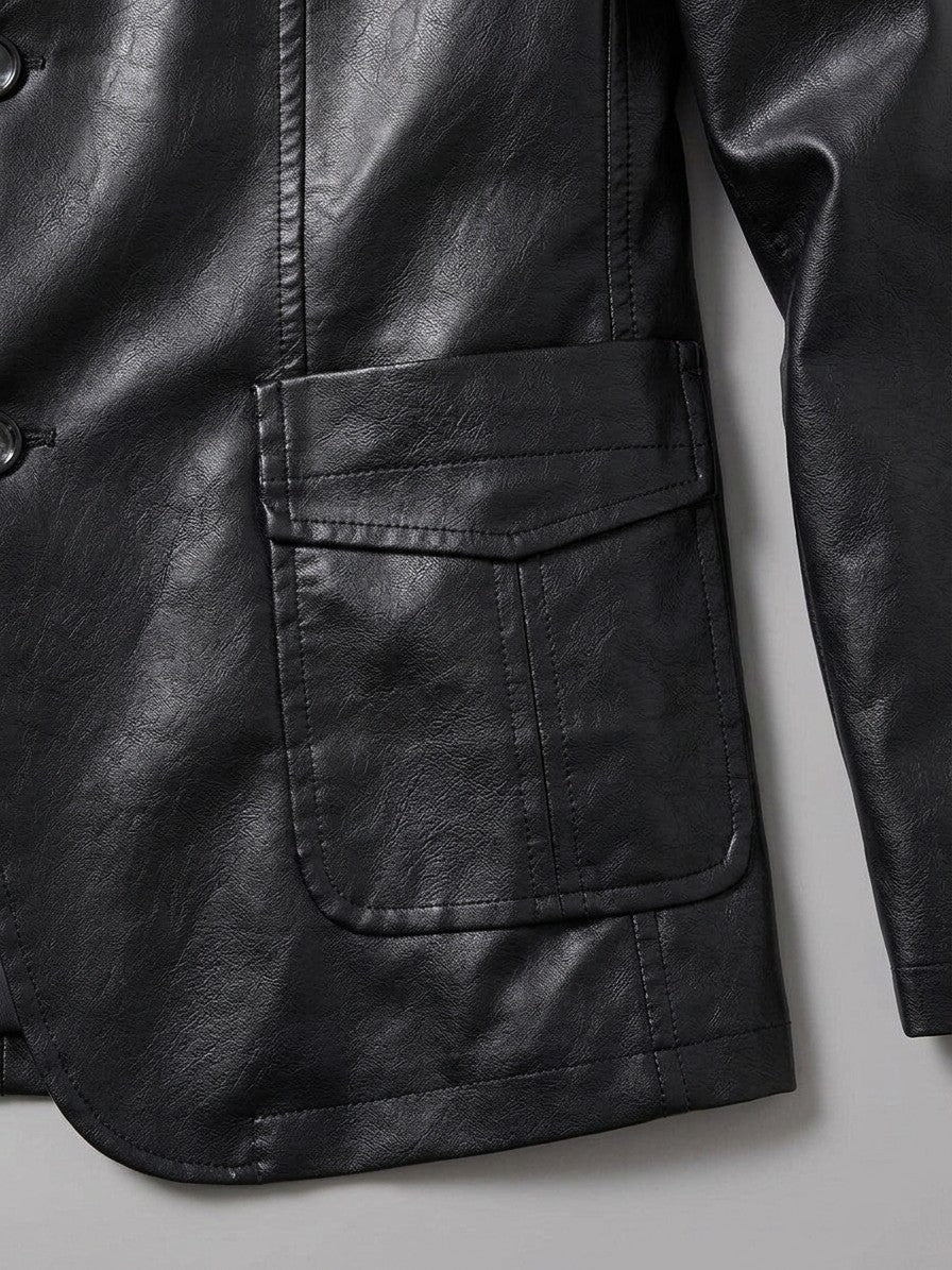 Pozzuolo Men's Two-Button Faux Leather Blazer — black — detail-2