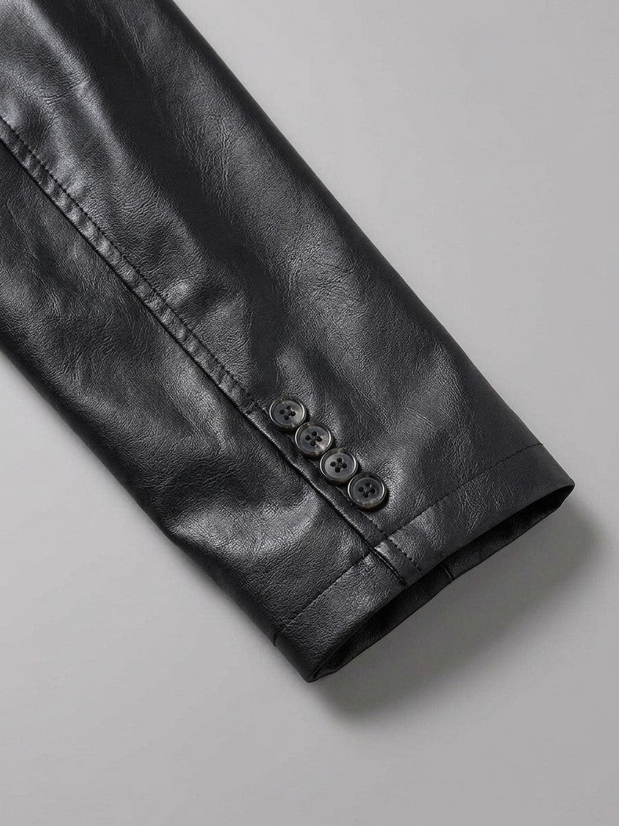 Pozzuolo Men's Two-Button Faux Leather Blazer — black — detail-collar