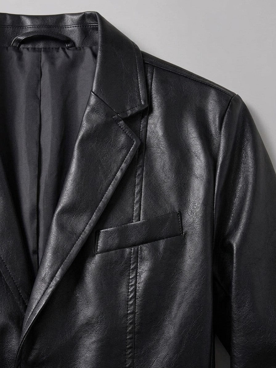 Pozzuolo Men's Two-Button Faux Leather Blazer — black — detail
