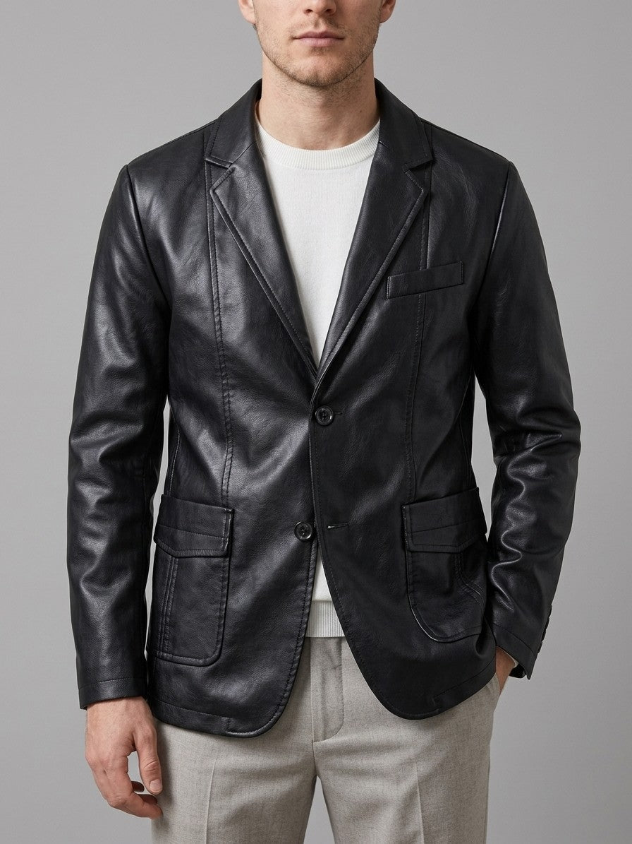 Pozzuolo Men's Two-Button Faux Leather Blazer — black — front
