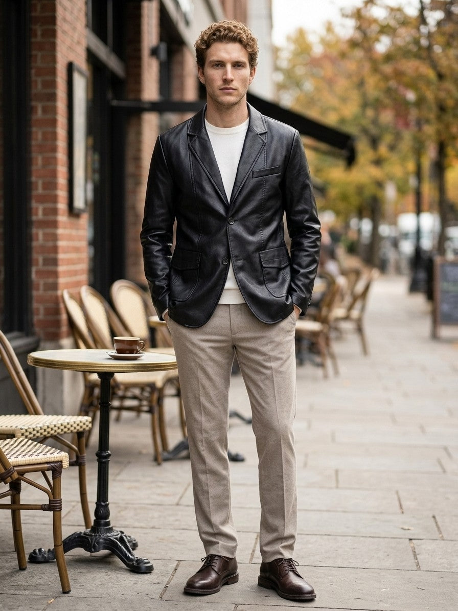 Pozzuolo Men's Two-Button Faux Leather Blazer — black — lifestyle