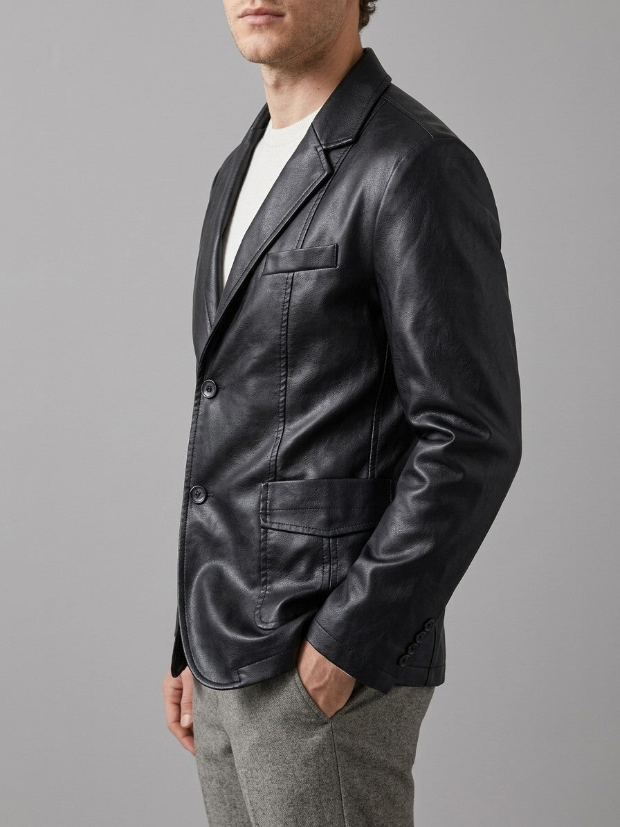 Pozzuolo Men's Two-Button Faux Leather Blazer — black — side