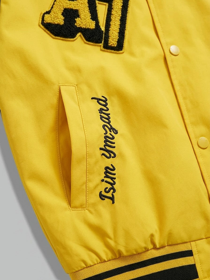 Praiano Men's Chenille Patch Varsity Jacket — lightyellow — detail-collar