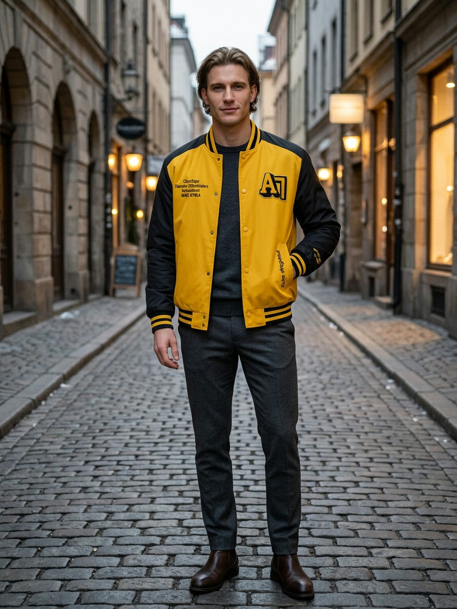 Praiano Men's Chenille Patch Varsity Jacket — lightyellow — lifestyle