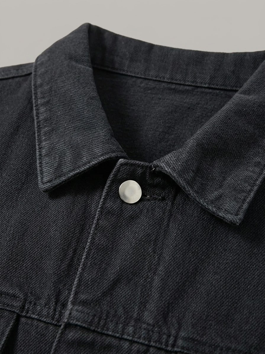 Prato Men's Relaxed Denim Jacket — black — detail-collar
