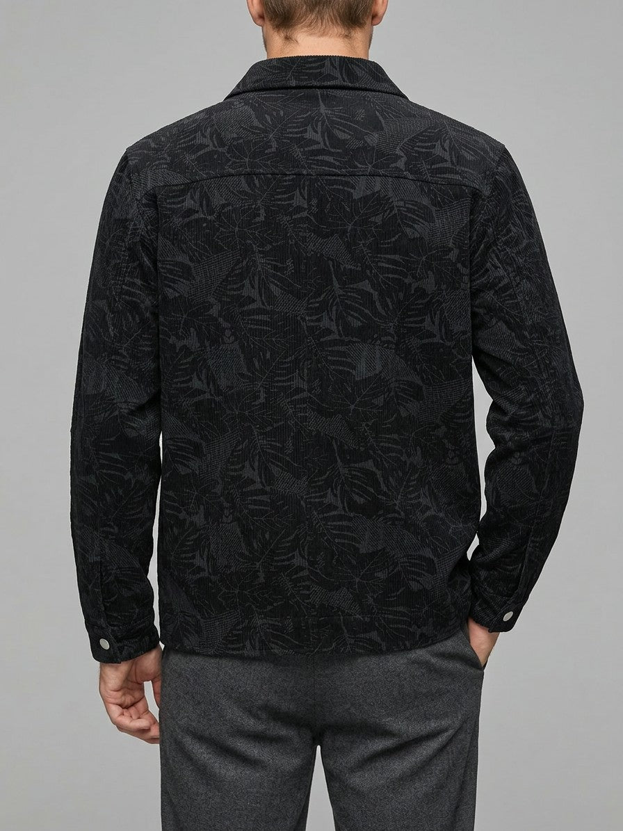 Procida Men's Leaf-Print Corduroy Snap Jacket — black — back