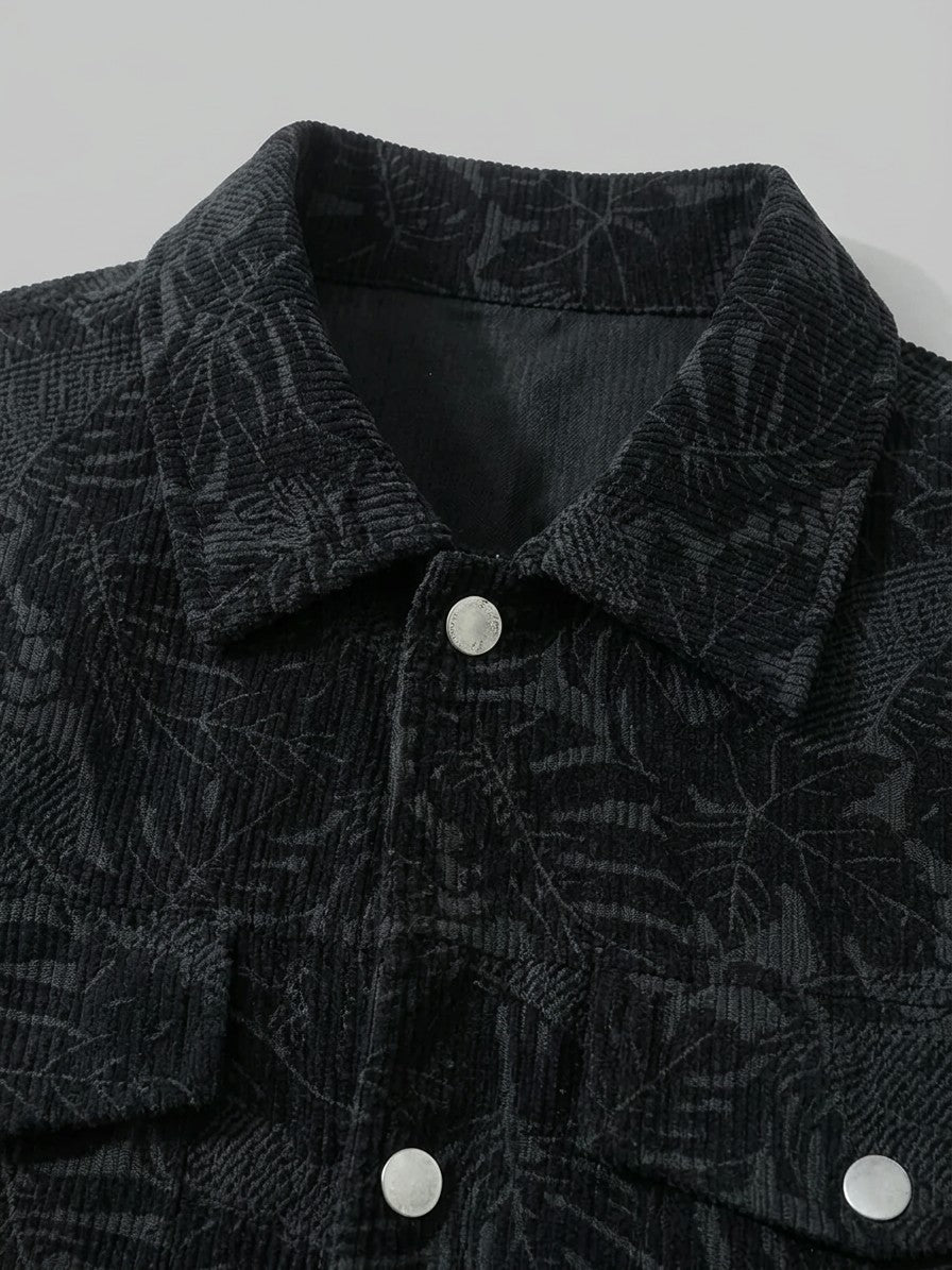 Procida Men's Leaf-Print Corduroy Snap Jacket — black — detail-2